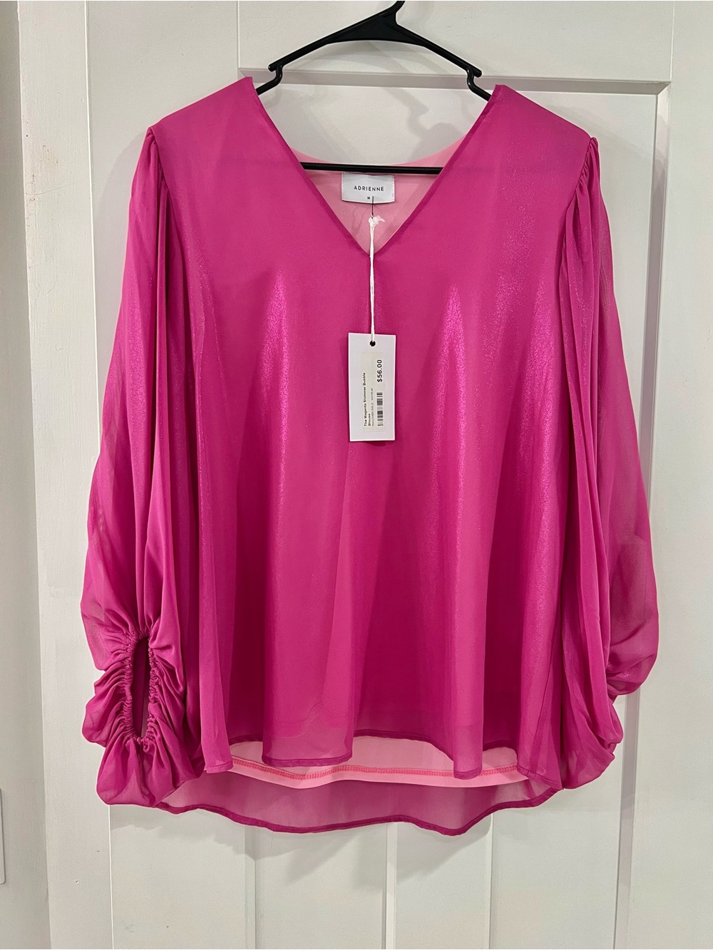Adrienne Hot Pink V-Neck Ruched Sleeve Blouse